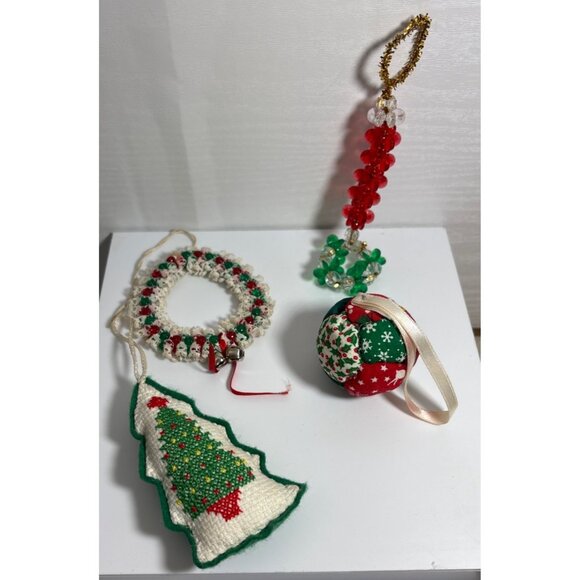 Handmade Christmas Ornament Set Beaded Candle Stick Wreath Embroidery Quilted - Picture 1 of 14
